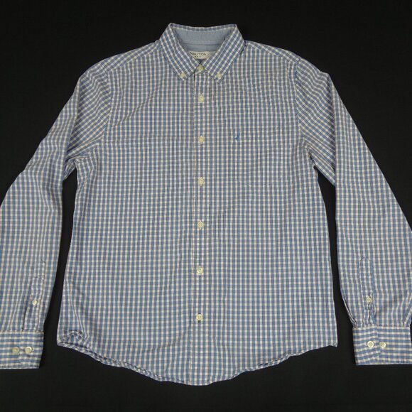 NAUTICA BLUE CHECKERS PLAID BUTTON UP MENS SLIM FIT MEDIUM SHIRT L191 - Picture 1 of 7